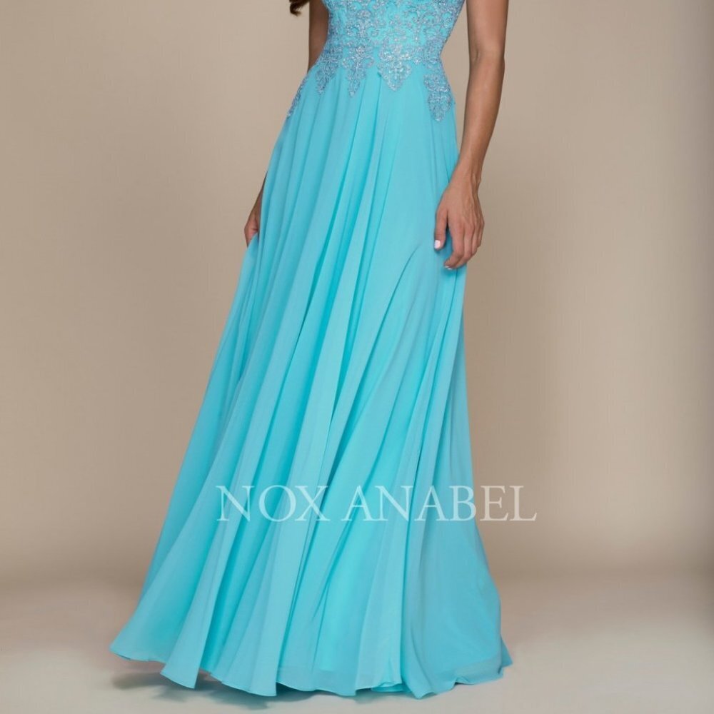 NEW AQUA COLOR  Illusion Scoop Neck A-Line Prom Dress NXY100 - Picture 4 of 5